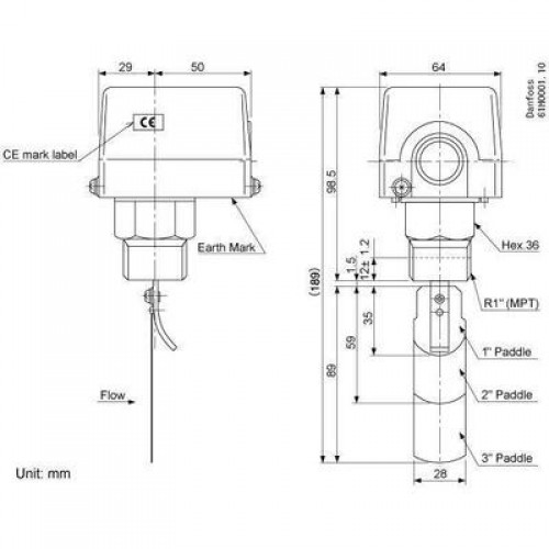 DANFOSS 061H4000 — Реле протока FQS U30G, максимальное рабочее давление 10 бар, IP 20 