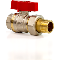 DANFOSS 065B8206 — Латунный шаровой кран BVR-F с накидной гайкой и ниппелем, DN 32, PN 40, управление — рычаг, алюминий, корпус — латунь CW617N 065B8206